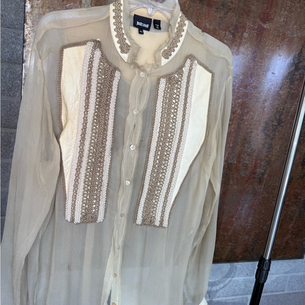 Just Cavalli Sheer Beige and Cream Button-Up Shirt